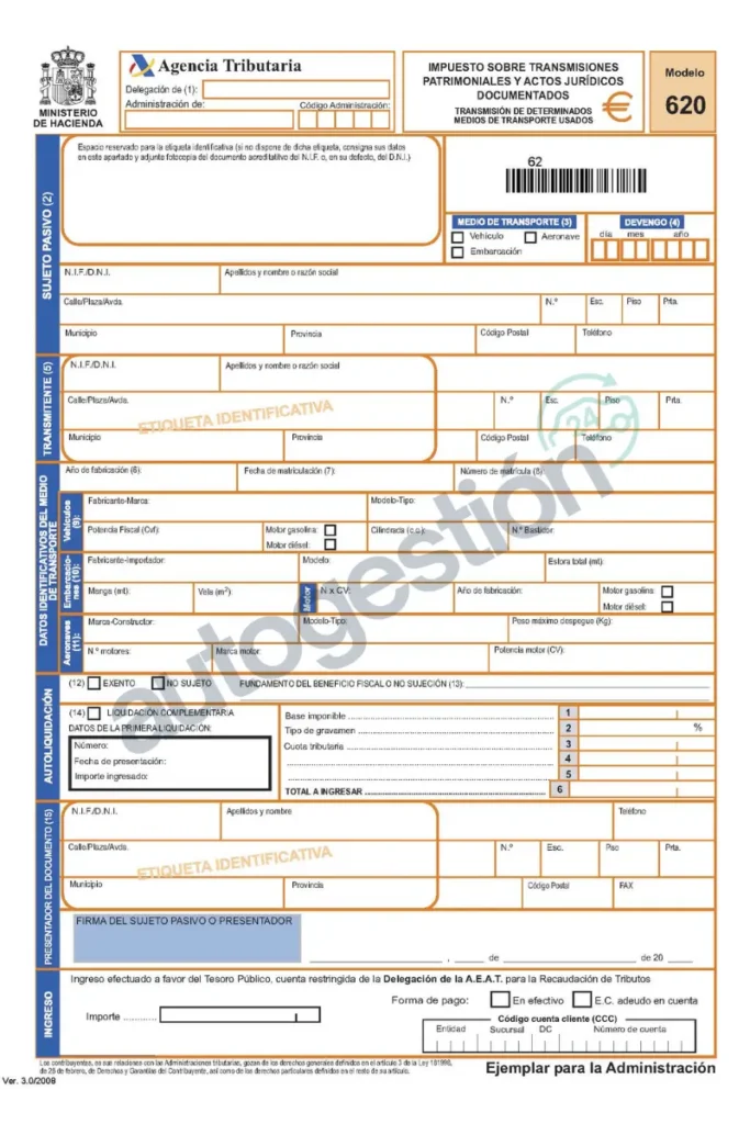 Modelo 620 para tramitar el ITP